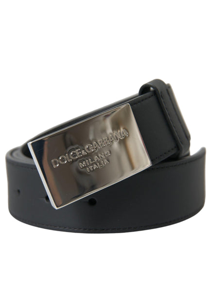 Dolce & Gabbana Black Leather Silver Square Metal Buckle Belt - Ellie Belle