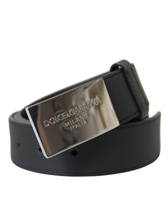 Dolce & Gabbana Black Leather Silver Square Metal Buckle Belt - Ellie Belle