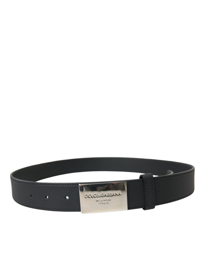 Dolce & Gabbana Black Leather Silver Square Metal Buckle Belt - Ellie Belle