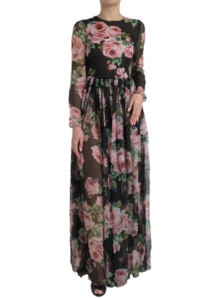 Dolce & Gabbana Black Rose Print Silk Maxi Dress - Ellie Belle