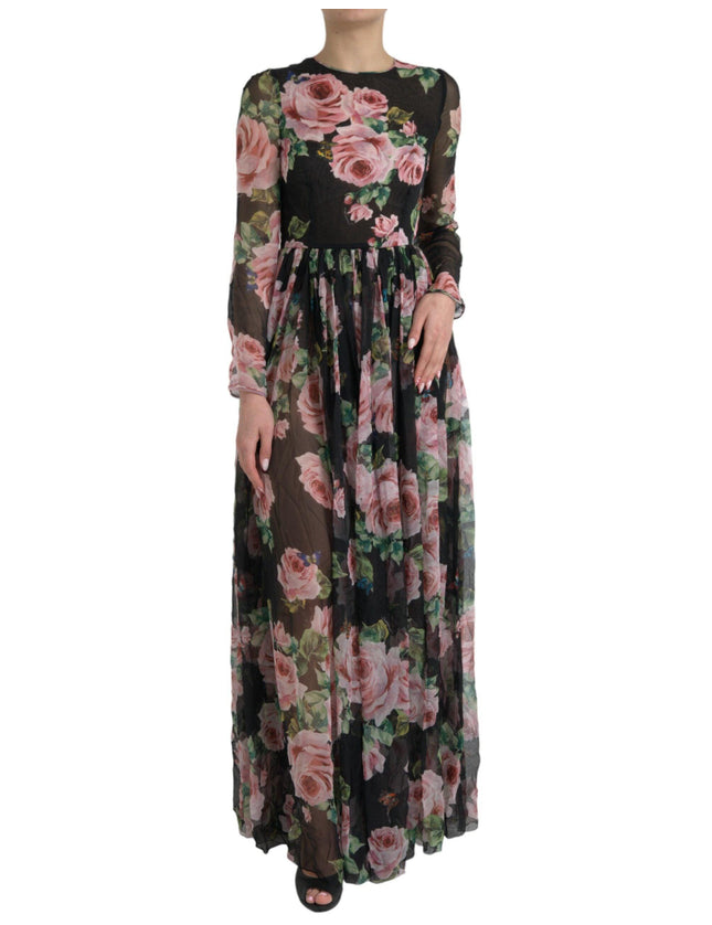 Dolce & Gabbana Black Rose Print Silk Maxi Dress - Ellie Belle