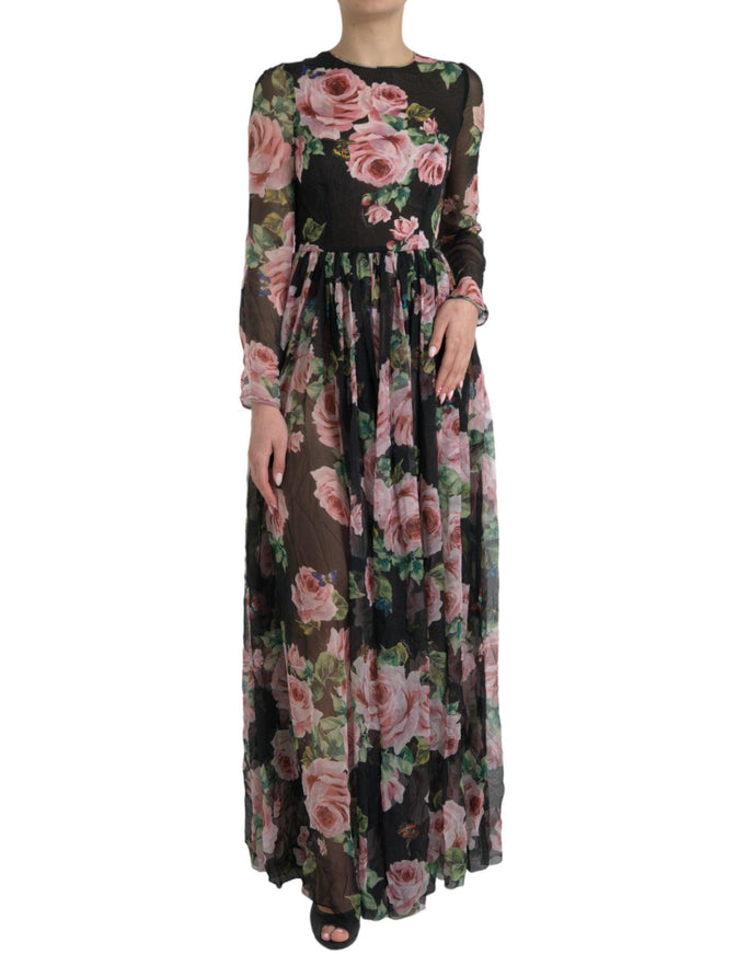 Dolce & Gabbana Black Rose Print Silk Maxi Dress - Ellie Belle