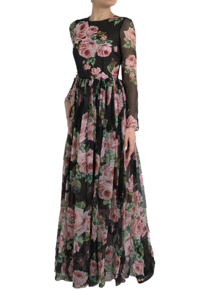 Dolce & Gabbana Black Rose Print Silk Maxi Dress - Ellie Belle