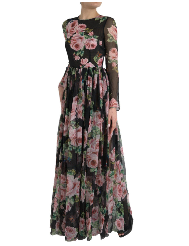 Dolce & Gabbana Black Rose Print Silk Maxi Dress - Ellie Belle