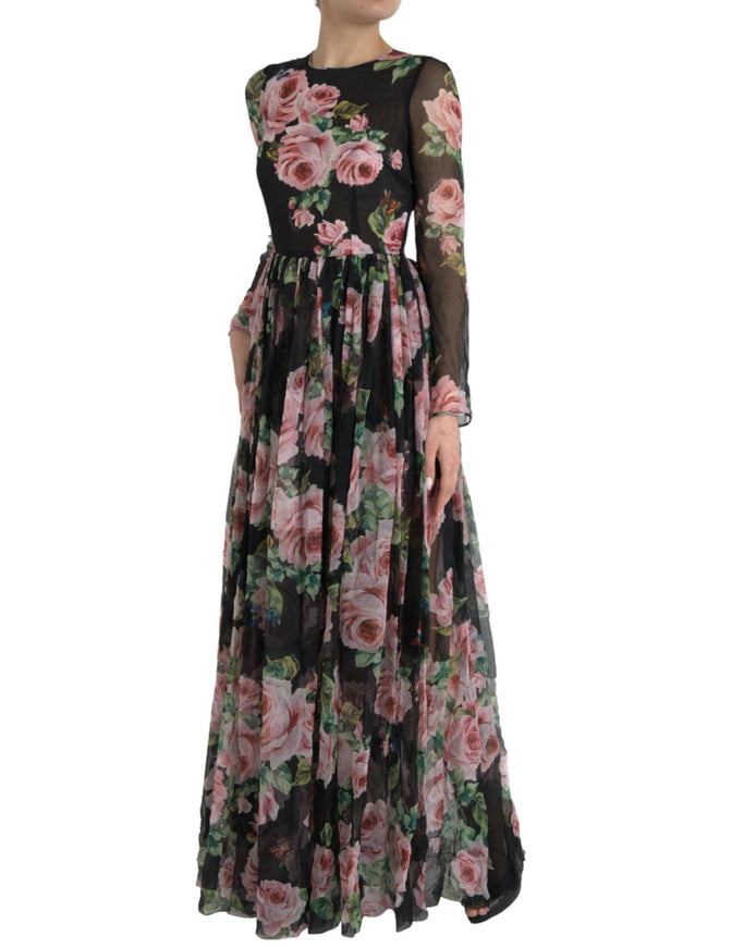 Dolce & Gabbana Black Rose Print Silk Maxi Dress - Ellie Belle