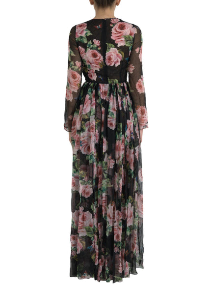 Dolce & Gabbana Black Rose Print Silk Maxi Dress - Ellie Belle