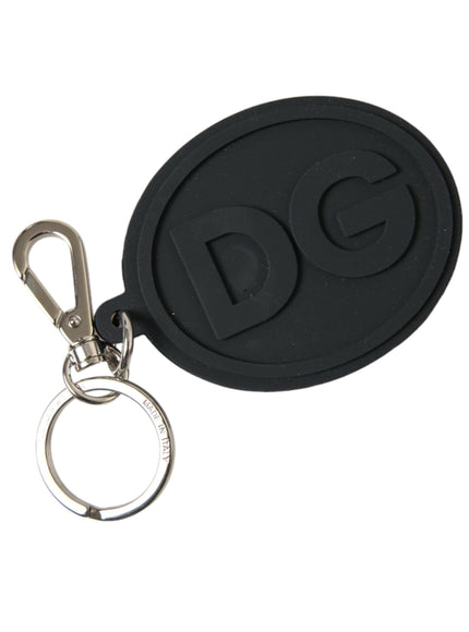 Dolce & Gabbana Black Rubber DG Logo Silver Brass Metal Keyring Keychain - Ellie Belle