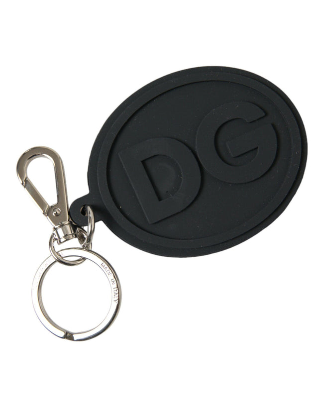 Dolce & Gabbana Black Rubber DG Logo Silver Brass Metal Keyring Keychain - Ellie Belle