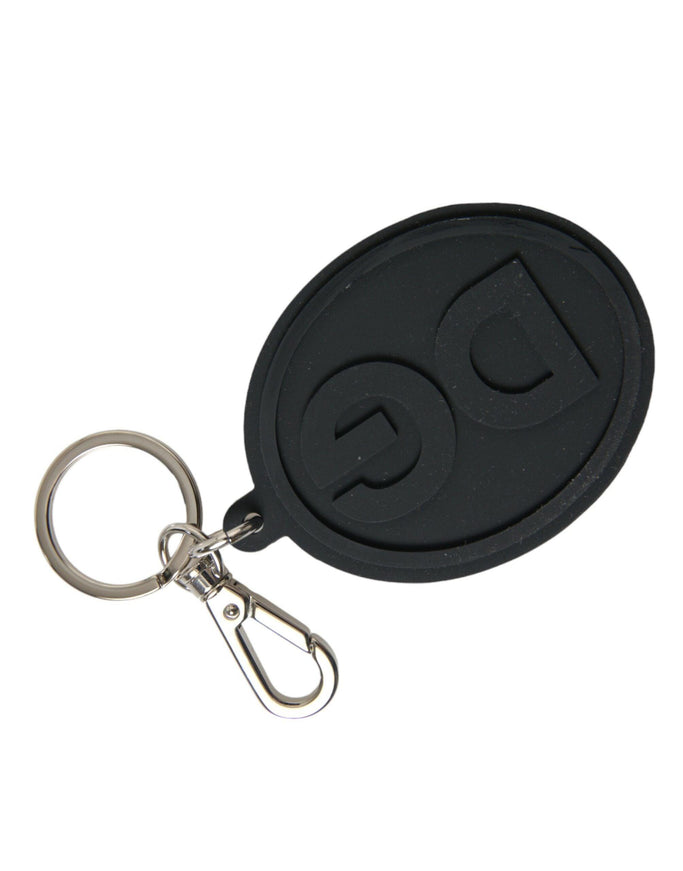 Dolce & Gabbana Black Rubber DG Logo Silver Brass Metal Keyring Keychain - Ellie Belle