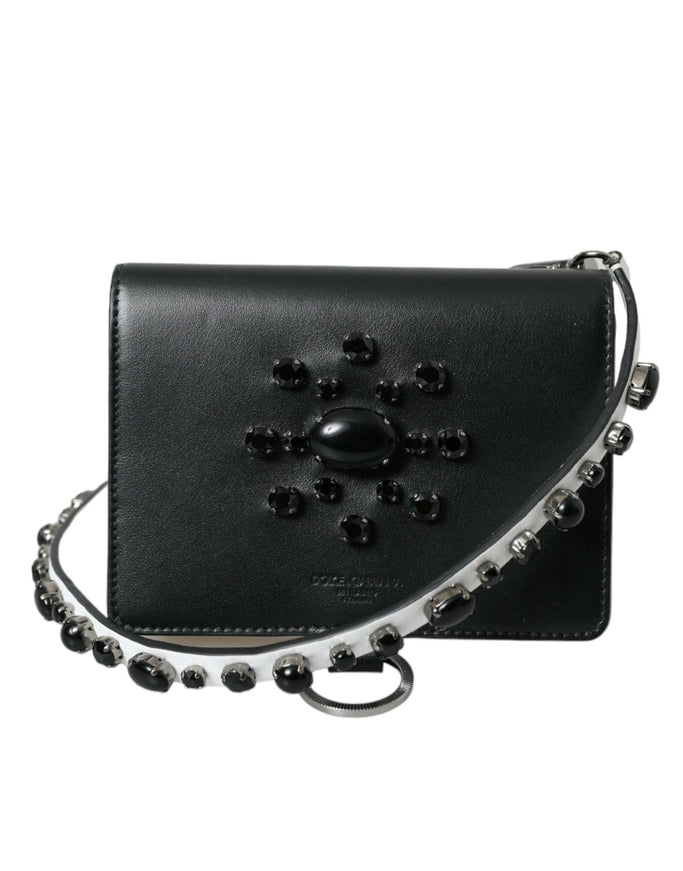 Dolce & Gabbana Black White Leather Crystal Embellished Cardholder Wallet - Ellie Belle