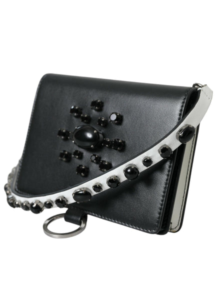 Dolce & Gabbana Black White Leather Crystal Embellished Cardholder Wallet - Ellie Belle