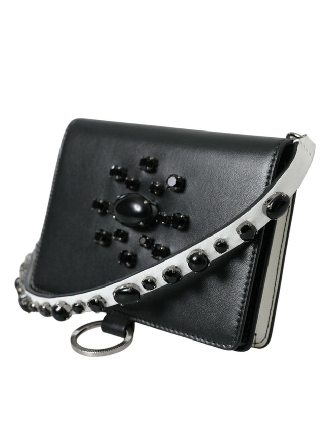 Dolce & Gabbana Black White Leather Crystal Embellished Cardholder Wallet - Ellie Belle