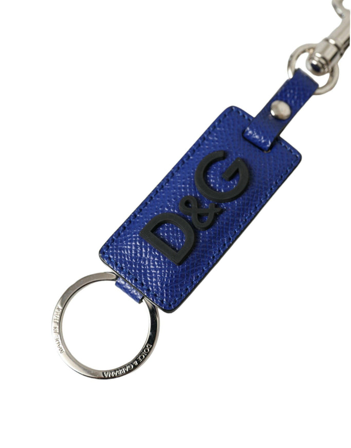 Dolce & Gabbana Blue Calf Leather DG Logo Silver Brass Keyring Keychain - Ellie Belle