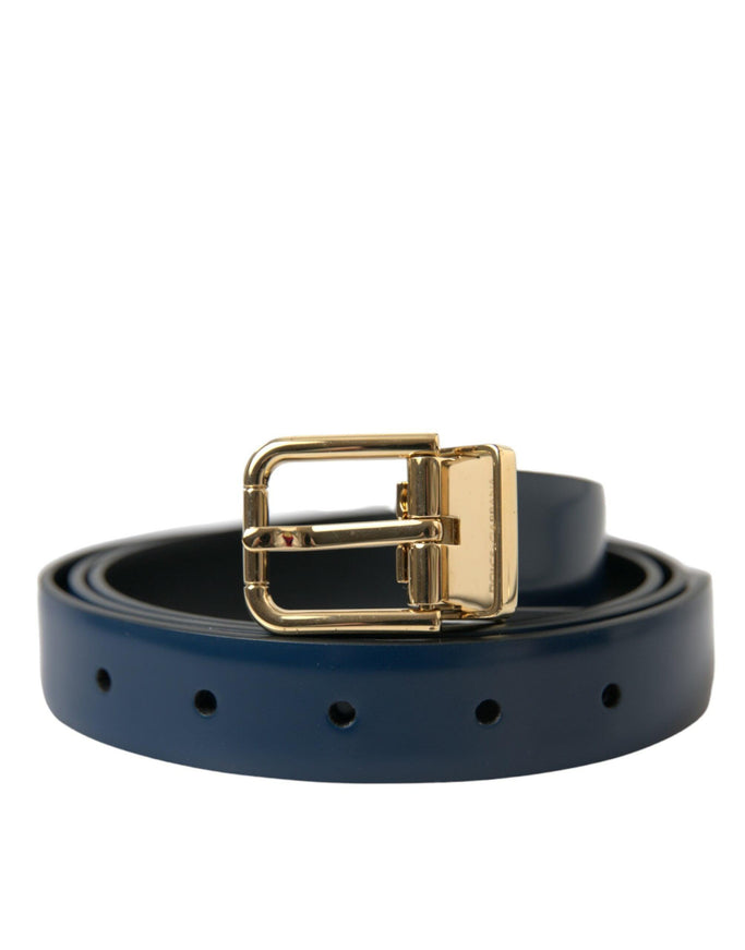 Dolce & Gabbana Blue Calf Leather Gold Metal Buckle Belt - Ellie Belle