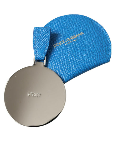 Dolce & Gabbana Blue Calfskin Leather Round Logo Hand Mirror Holder - Ellie Belle