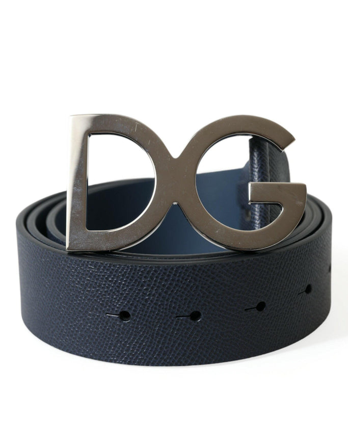 Dolce & Gabbana Blue Leather Silver Logo Metal Buckle Belt - Ellie Belle