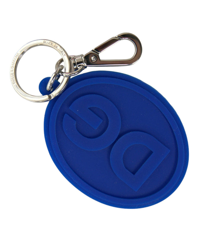 Dolce & Gabbana Blue Rubber DG Logo Silver Brass Metal Keyring Keychain - Ellie Belle