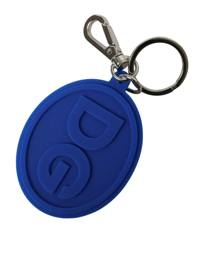 Dolce & Gabbana Blue Rubber DG Logo Silver Brass Metal Keyring Keychain - Ellie Belle