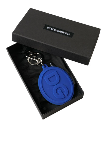 Dolce & Gabbana Blue Rubber DG Logo Silver Brass Metal Keyring Keychain - Ellie Belle