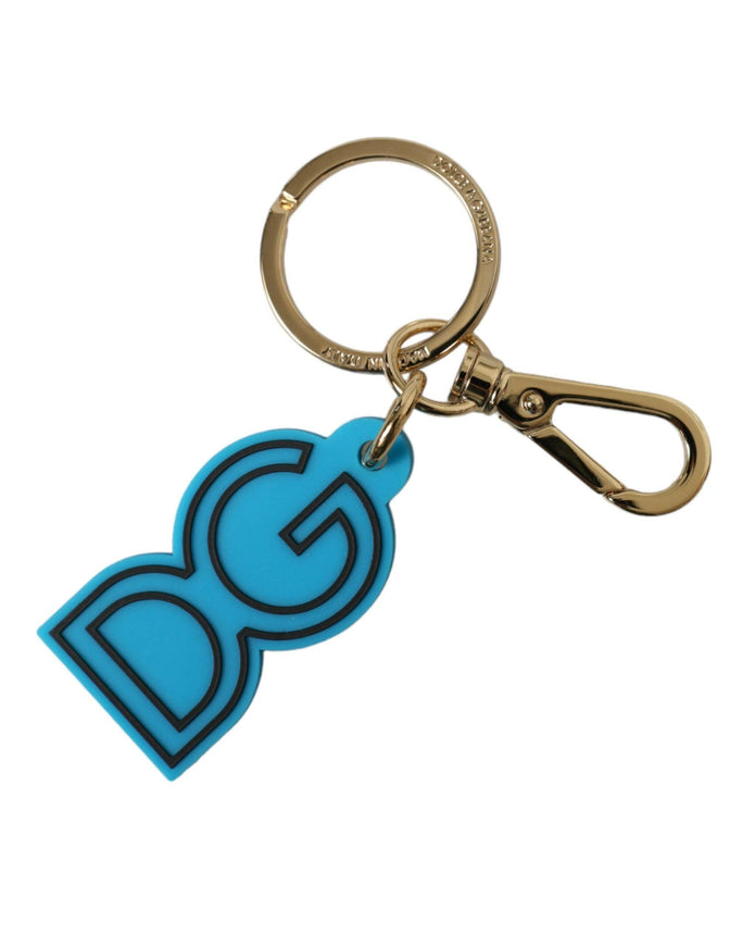 Dolce & Gabbana Blue Rubber Gold Tone Metal DG Logo Keyring Keychain - Ellie Belle