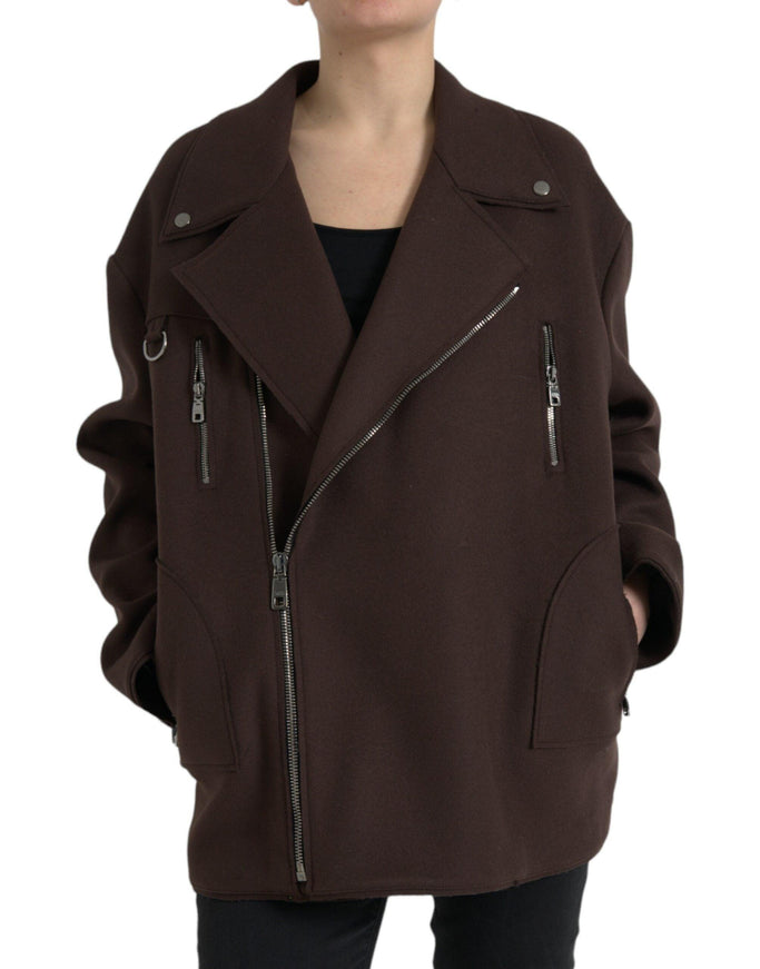 Dolce & Gabbana Brown Biker Wool Jacket - Ellie Belle