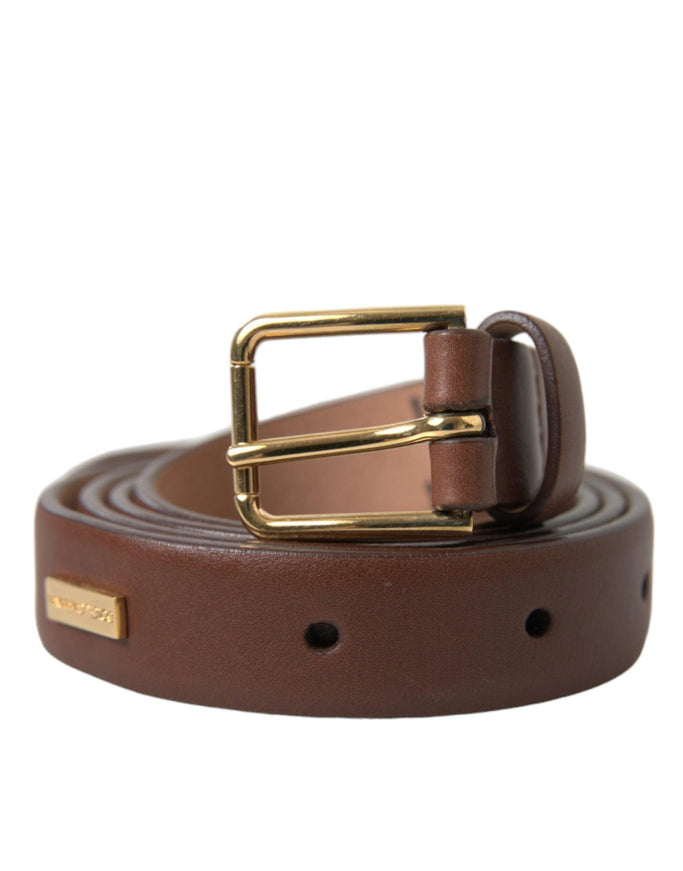 Dolce & Gabbana Brown Calf Leather Gold Metal Buckle Belt - Ellie Belle