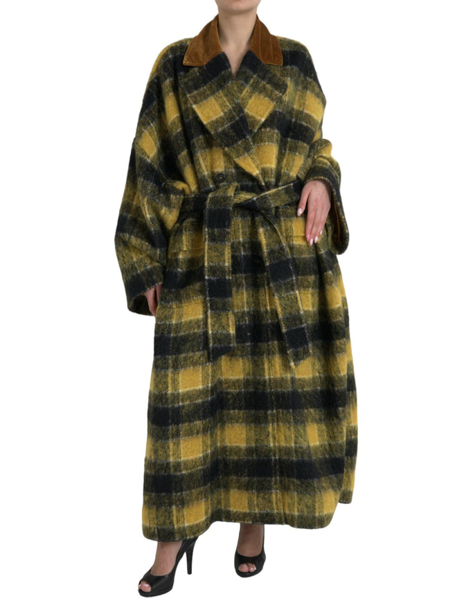 Dolce & Gabbana Checkered Long Trench Coat in Yellow - Ellie Belle