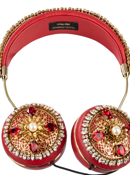 Dolce &amp; Gabbana FRENDS Auriculares de cuero con diseño floral rojo y cristal