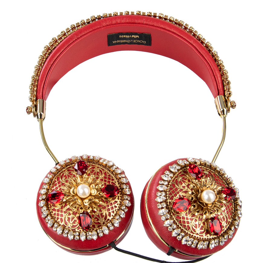 Dolce &amp; Gabbana FRENDS Auriculares de cuero con diseño floral rojo y cristal