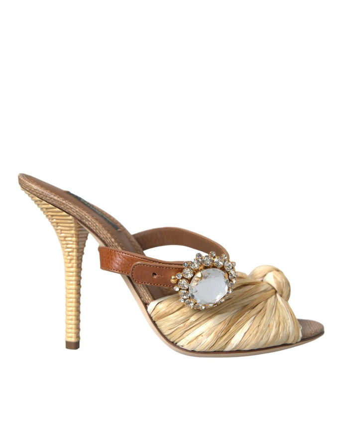 Dolce & Gabbana Crystal Raffia And Leather Sandals In Brown - Ellie Belle