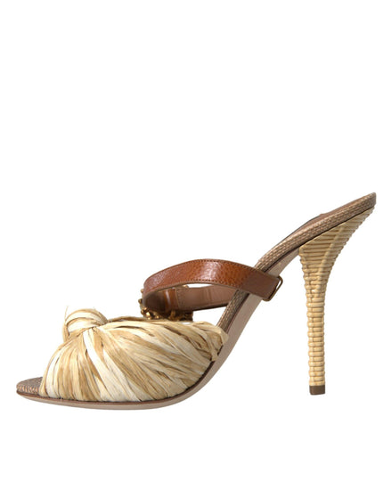 Dolce & Gabbana Crystal Raffia And Leather Sandals In Brown - Ellie Belle