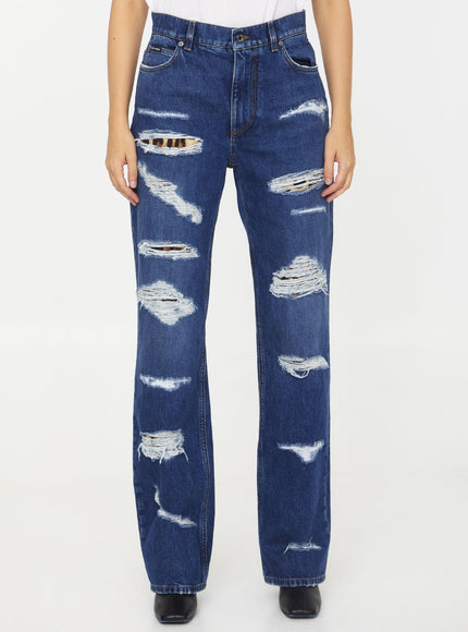 Dolce & Gabbana Distressed Jeans With Leo Print - Ellie Belle