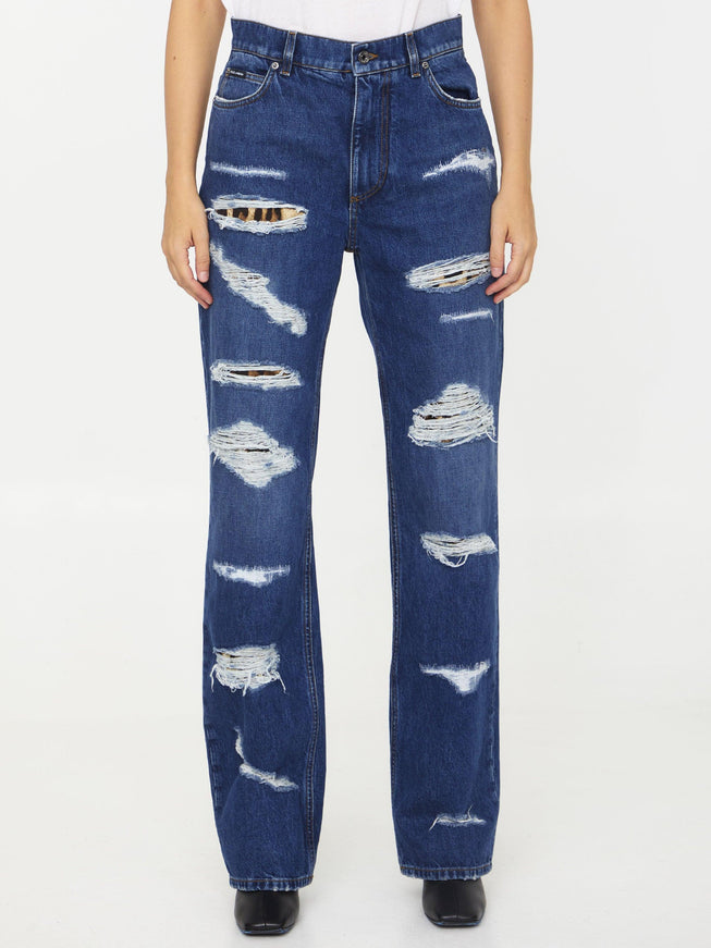 Dolce & Gabbana Distressed Jeans With Leo Print - Ellie Belle