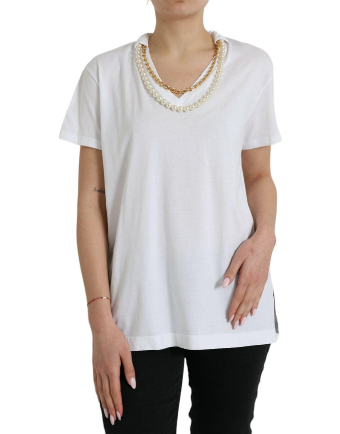 Dolce & Gabbana Elegant White Cotton Tee with Necklace Detail - Ellie Belle