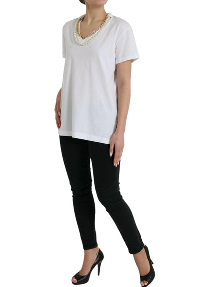 Dolce & Gabbana Elegant White Cotton Tee with Necklace Detail - Ellie Belle