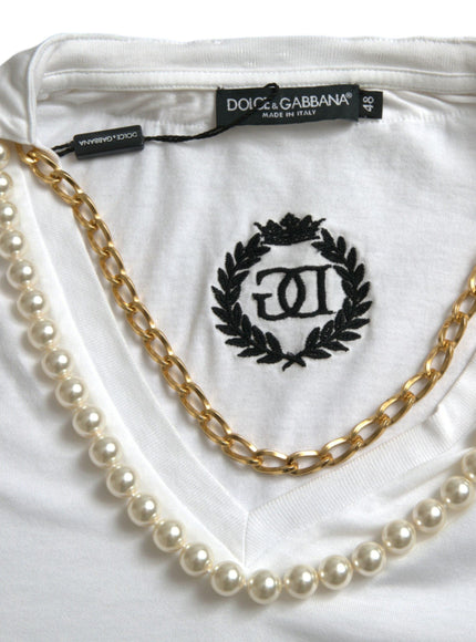 Dolce & Gabbana Elegant White Cotton Tee with Necklace Detail - Ellie Belle