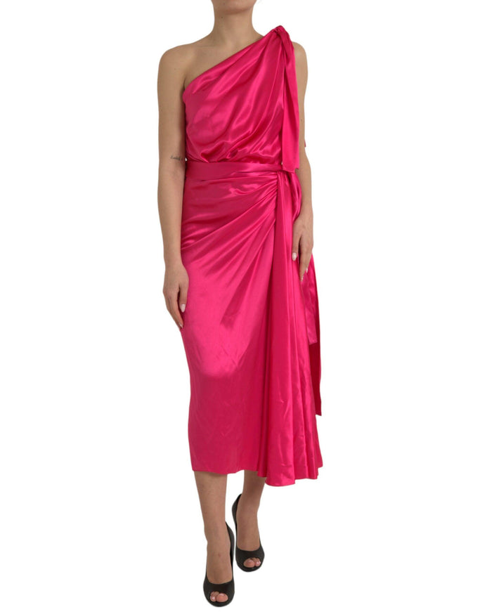 Dolce & Gabbana Fuchsia Silk One-Sleeve Ruched Cocktail Dress - Ellie Belle