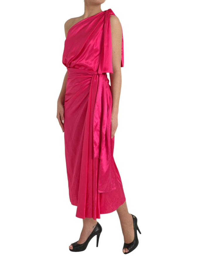 Dolce & Gabbana Fuchsia Silk One-Sleeve Ruched Cocktail Dress - Ellie Belle