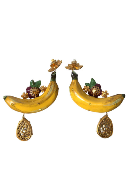 Dolce & Gabbana Gold Brass Crystal Banana Clip-on Jewelry Dangling Earrings - Ellie Belle