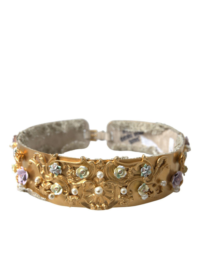 Dolce & Gabbana Gold Brass Faux Pearl Floral Embellished Belt - Ellie Belle