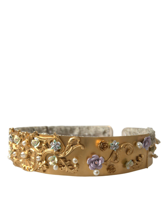 Dolce & Gabbana Gold Brass Faux Pearl Floral Embellished Belt - Ellie Belle