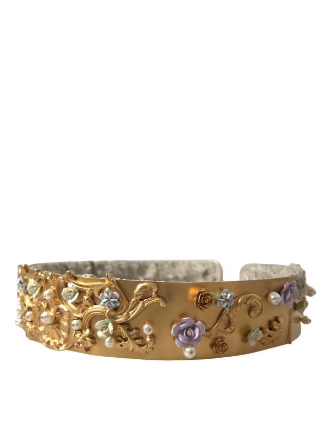 Dolce & Gabbana Gold Brass Faux Pearl Floral Embellished Belt - Ellie Belle