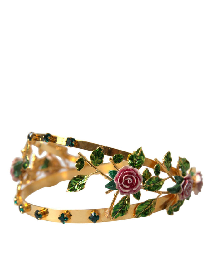 Dolce & Gabbana Gold Brass Roses Crystal Embellished Headband Diadem - Ellie Belle