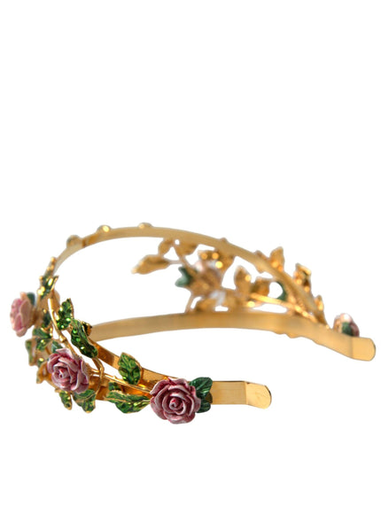 Dolce & Gabbana Gold Brass Roses Crystal Embellished Headband Diadem - Ellie Belle