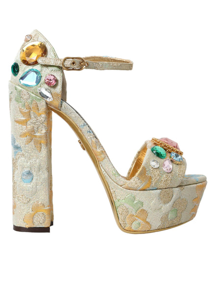 Dolce & Gabbana Gold Floral Jacquard Crystal Sandals - Ellie Belle