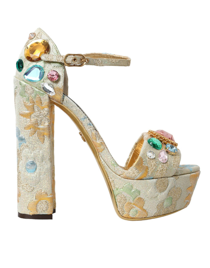 Dolce & Gabbana Gold Floral Jacquard Crystal Sandals - Ellie Belle