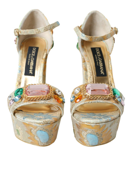 Dolce & Gabbana Gold Floral Jacquard Crystal Sandals - Ellie Belle