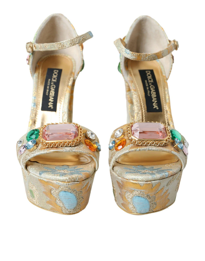 Dolce & Gabbana Gold Floral Jacquard Crystal Sandals - Ellie Belle