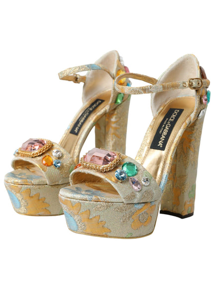 Dolce & Gabbana Gold Floral Jacquard Crystal Sandals - Ellie Belle