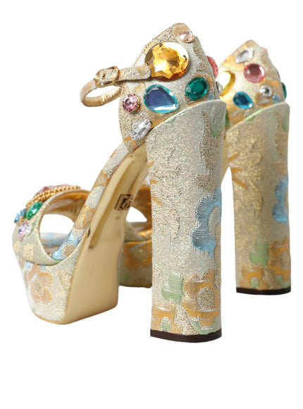 Dolce & Gabbana Gold Floral Jacquard Crystal Sandals - Ellie Belle